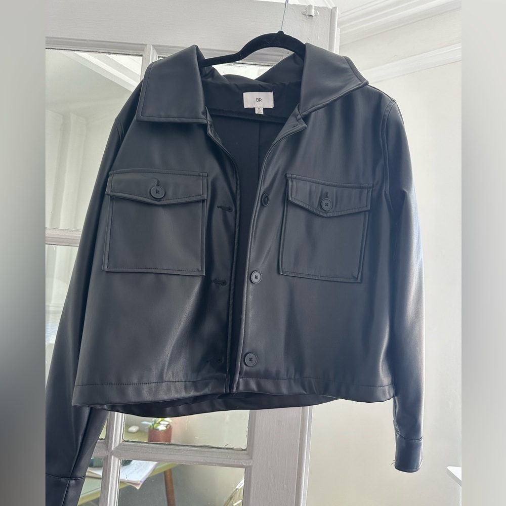 Oversized button up faux leather jacket- slightly cropped